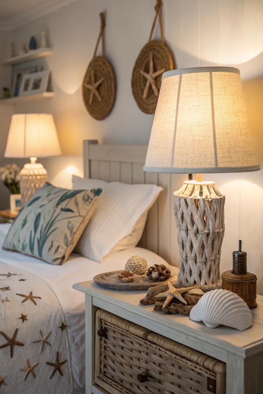 Ambient lighting crafts a warm, inviting vibe in your ocean-themed bedroom.