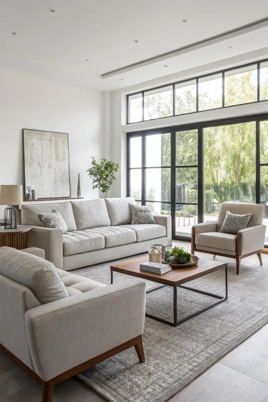 Modern furnishings with sharp lines enhance the off-white aesthetic.