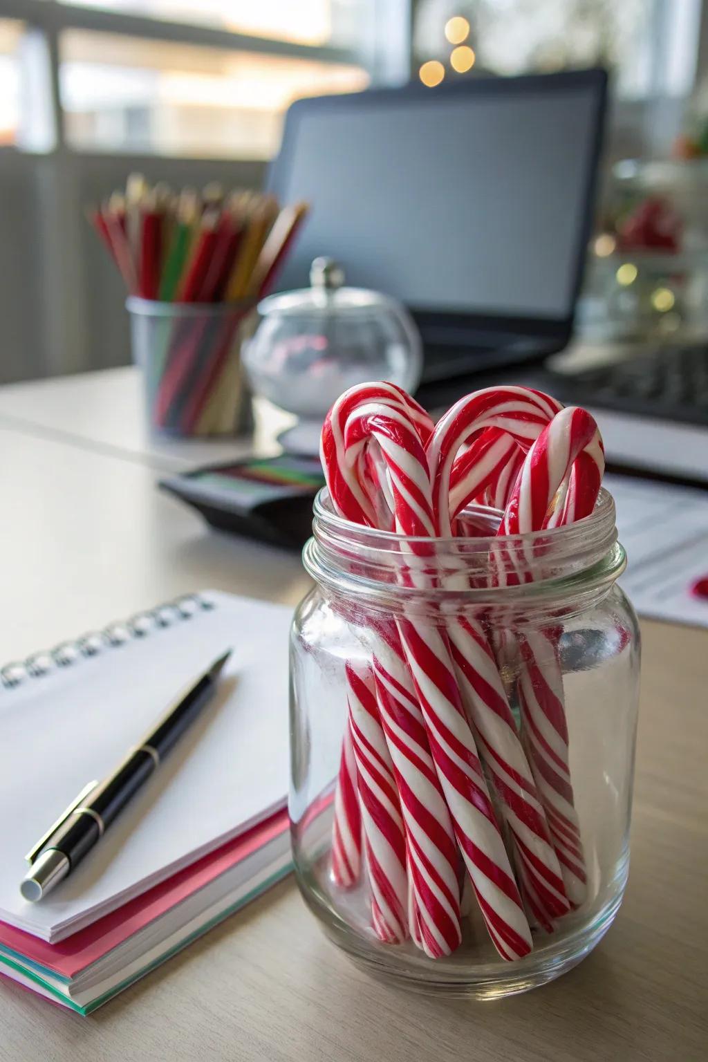 A vessel filled with holiday stick treats offers a sweet seasonal accent.