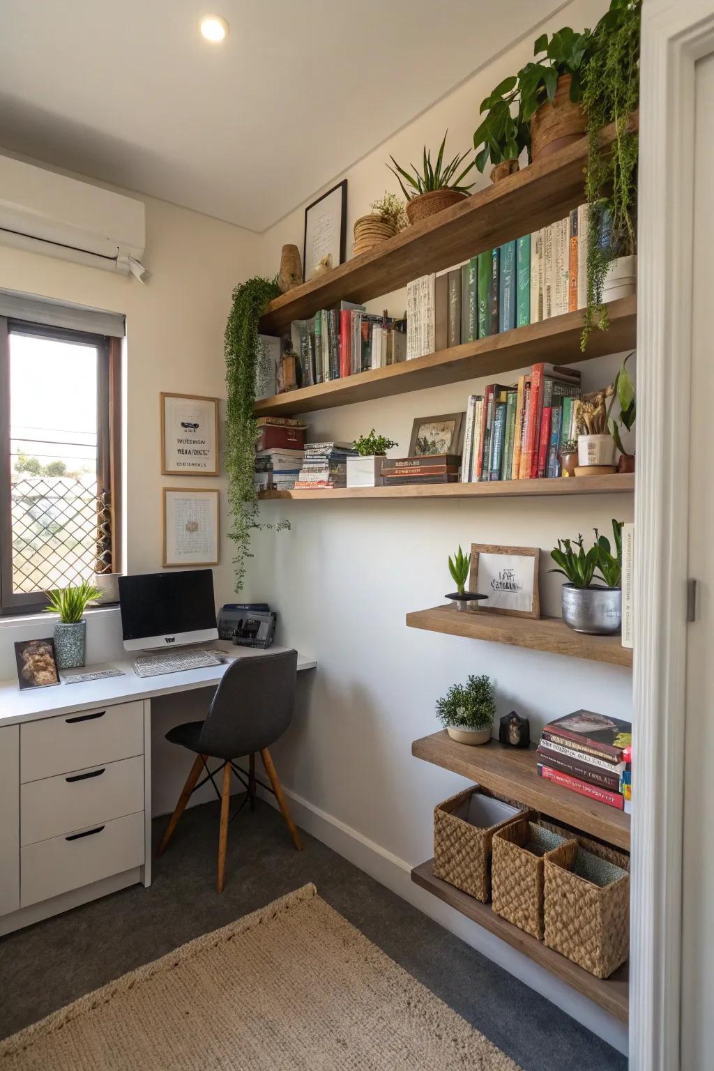 Incorporate floating shelves for convenient storage that keeps your floor clear.