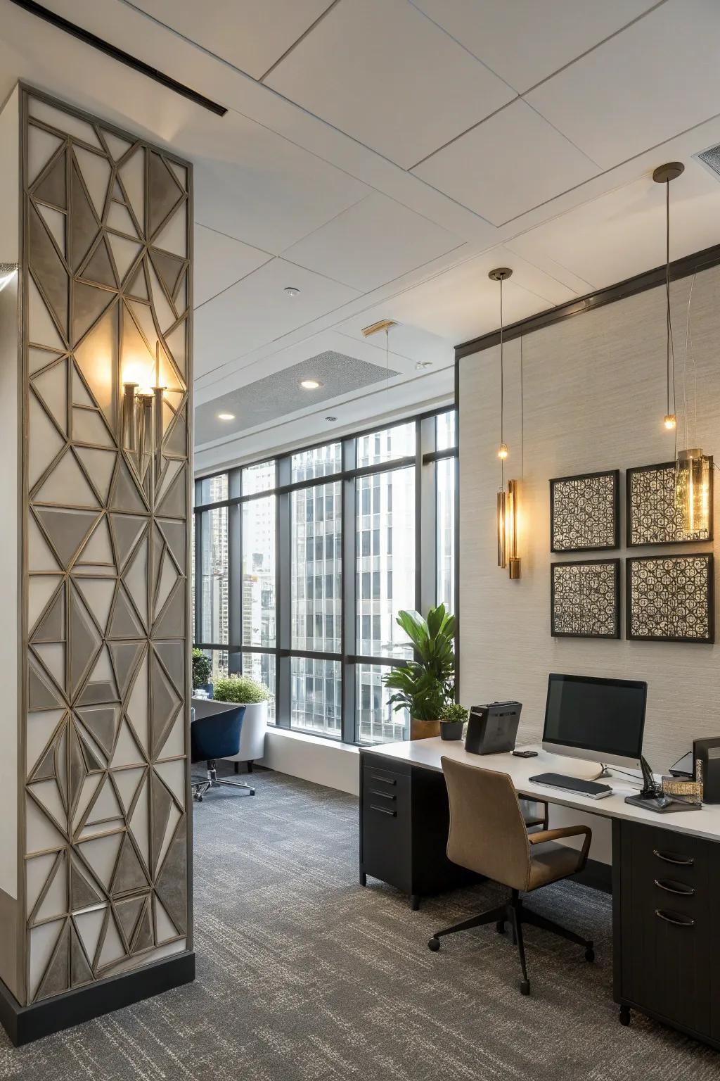 Geometric lights offering a modern touch to the office.