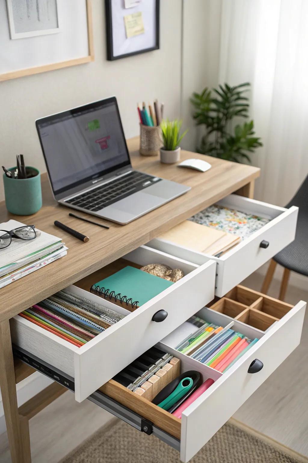 Using under-desk space to maintain a clutter-free work area.