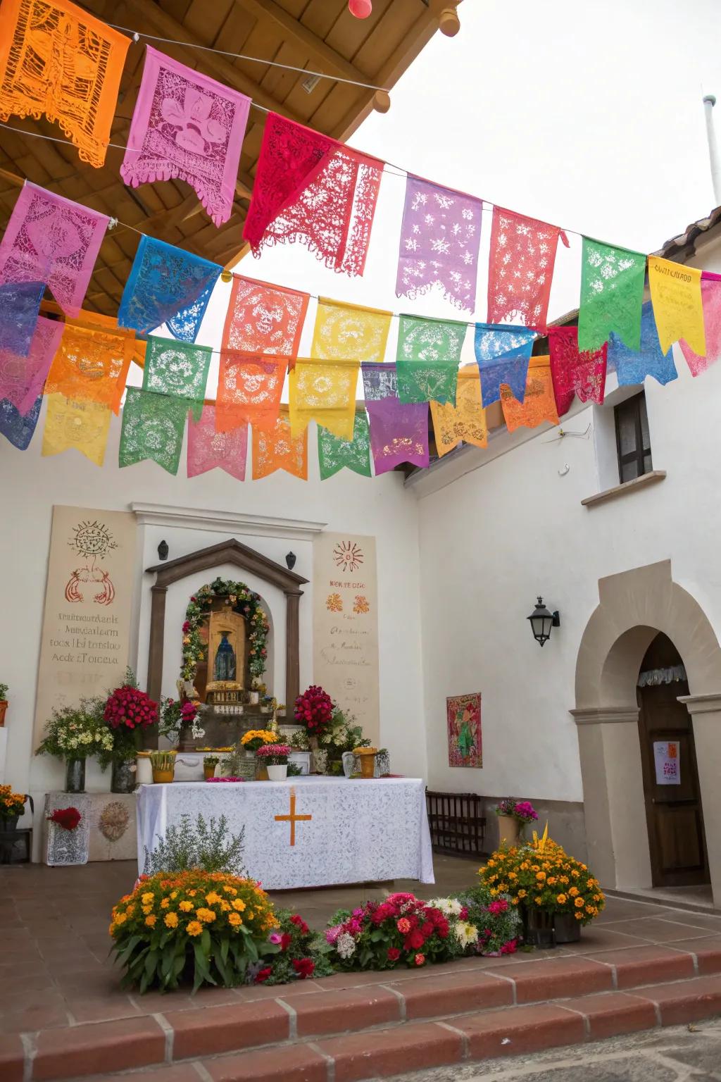 Paper cutouts add a festive touch to your ofrenda with its vibrant colors.