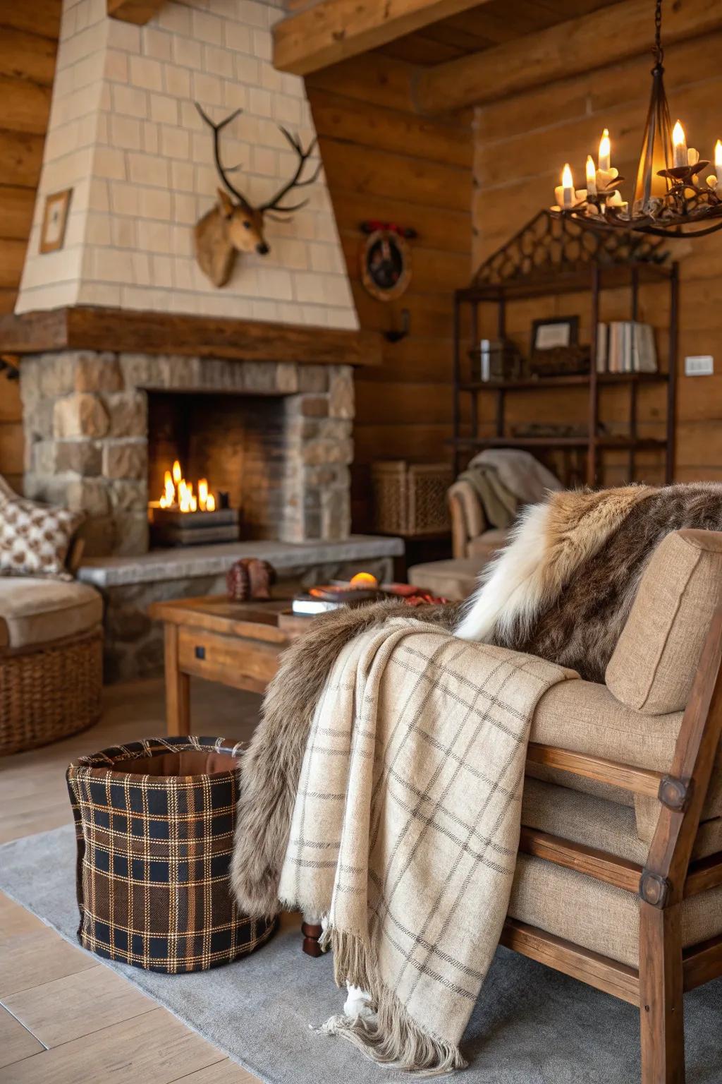 The hunting lodge interior is layered with wool throws and fur accents to enhance texture.
