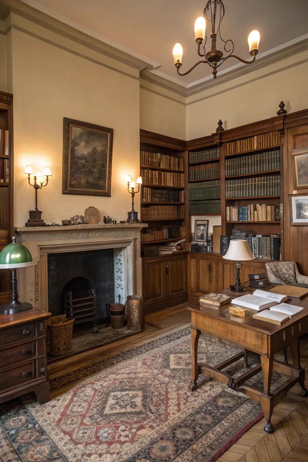 Settle in beside a fireplace in your study