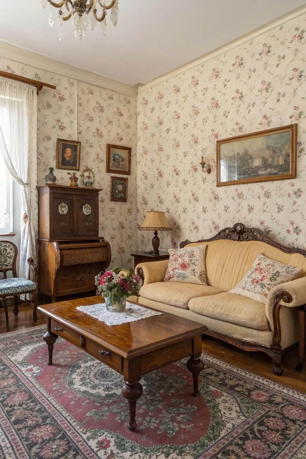 Patterned wallcovering transforms with old-world charm.