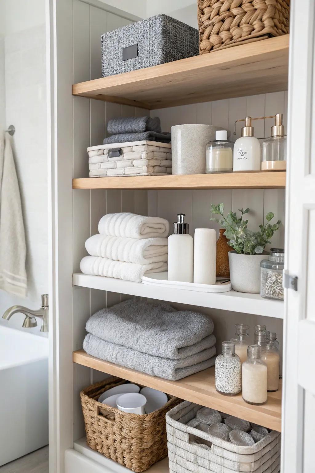 A neutral color scheme gives open bathroom shelving a sense of serenity.