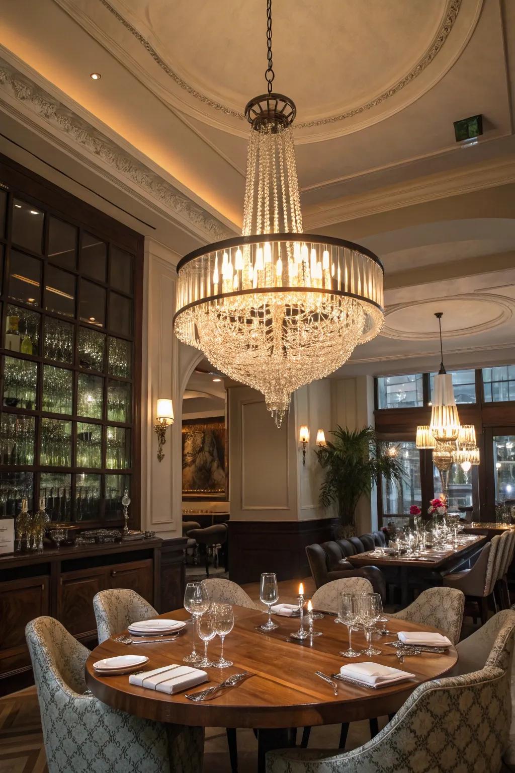 A dining space is made more elegant by a stunning chandelier and tasteful pendant lights.