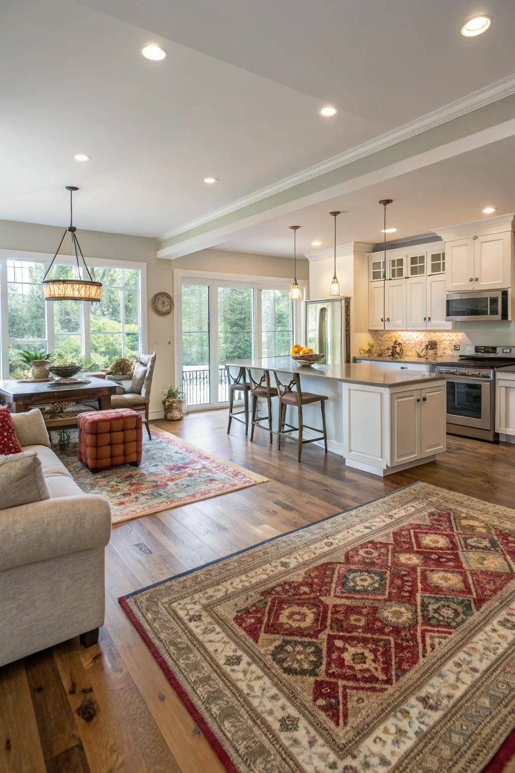 Rugs defining specific zones in an open-concept kitchen and living area.