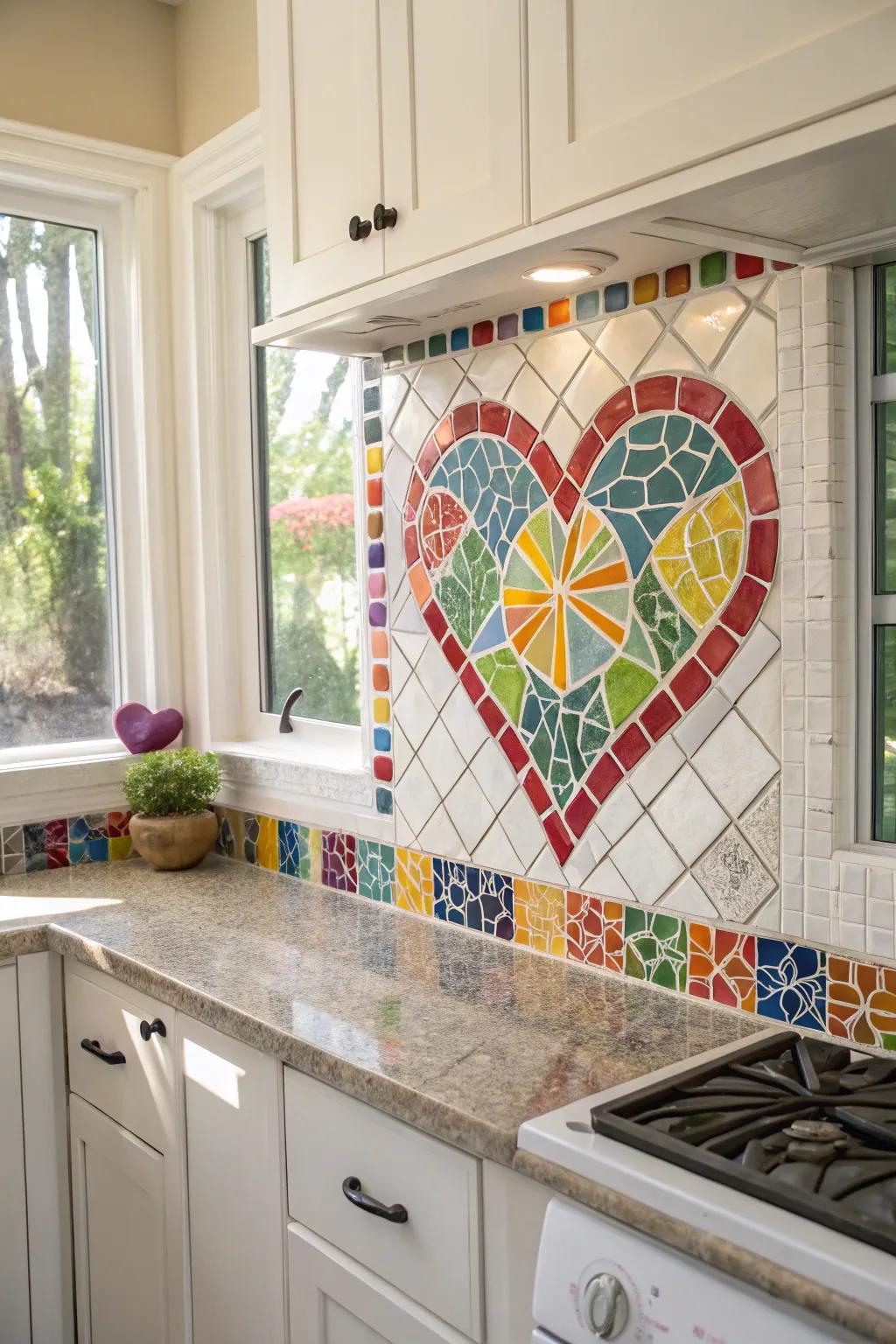 An open heart mosaic adds artistic flair and texture.