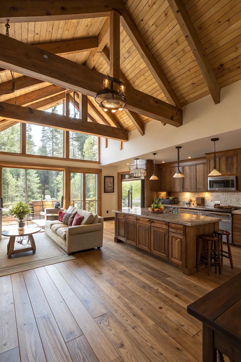 Wood accents add warmth and texture to open areas.
