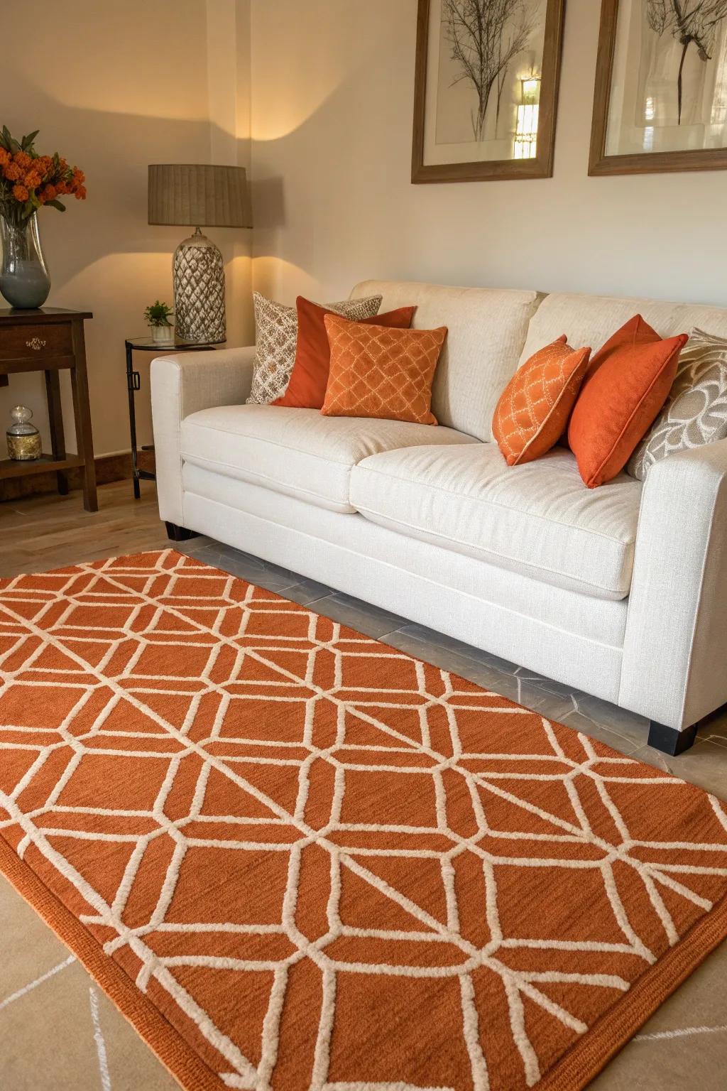 Geometric patterns in tangerine create a dynamic look in a chic living room.