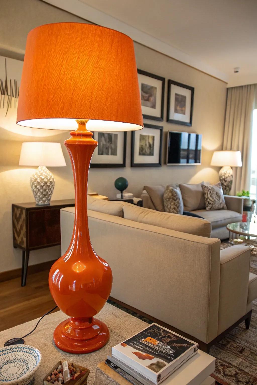 A modern orange lamp contributes coziness and design to the family room.