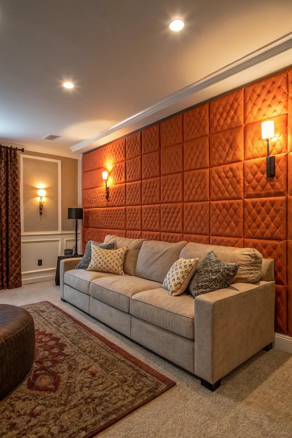 A living room featuring textured orange panels that add depth and warmth.