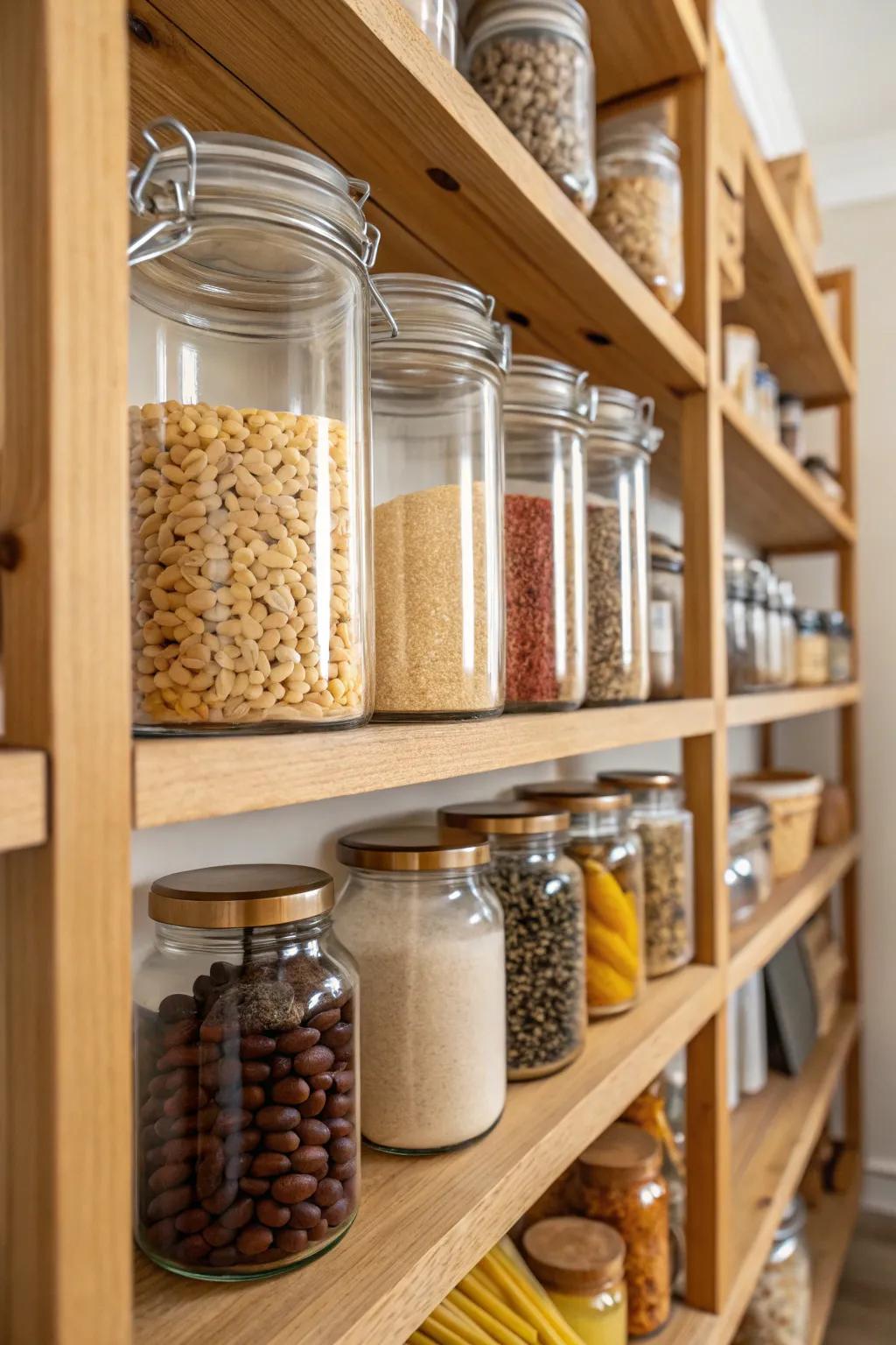 Transparent canisters provide a clean and cohesive pantry aesthetic
