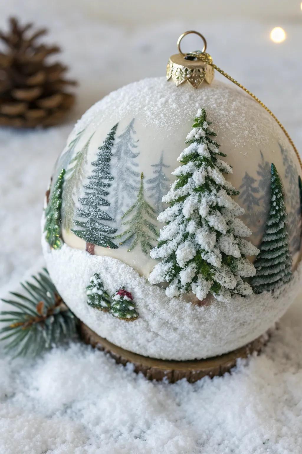 Snowy pine tree ornaments create a serene winter wonderland.
