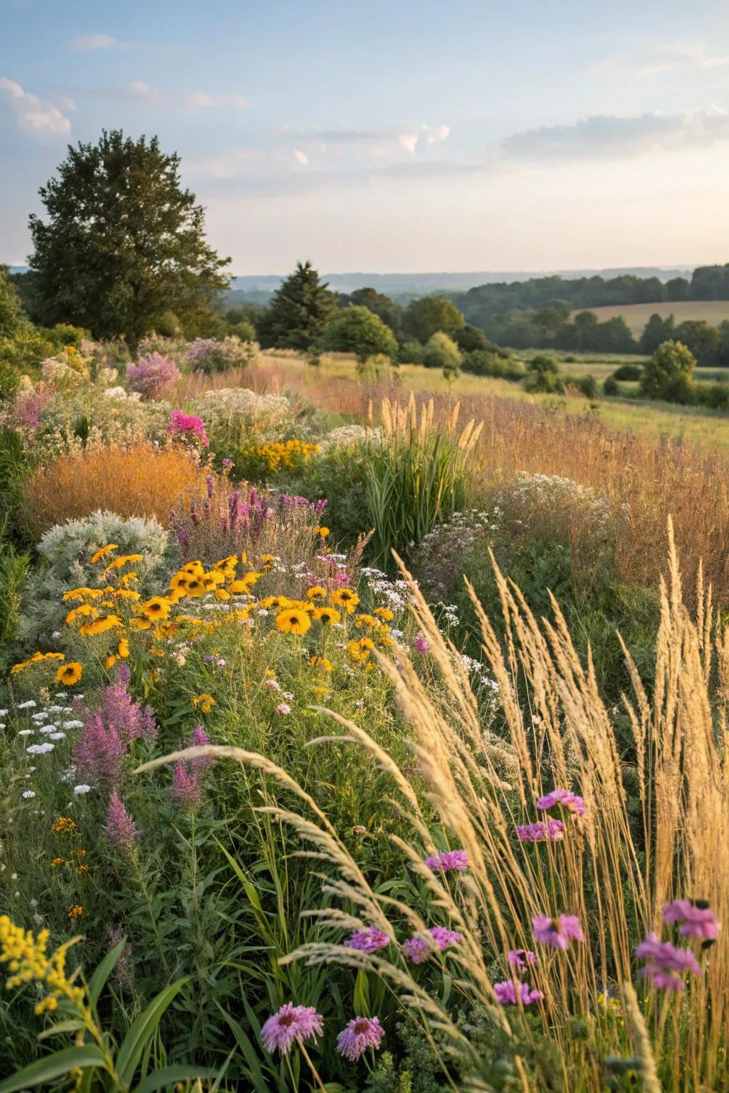 A meadow scene featuring a mix of grasses and wildflowers.