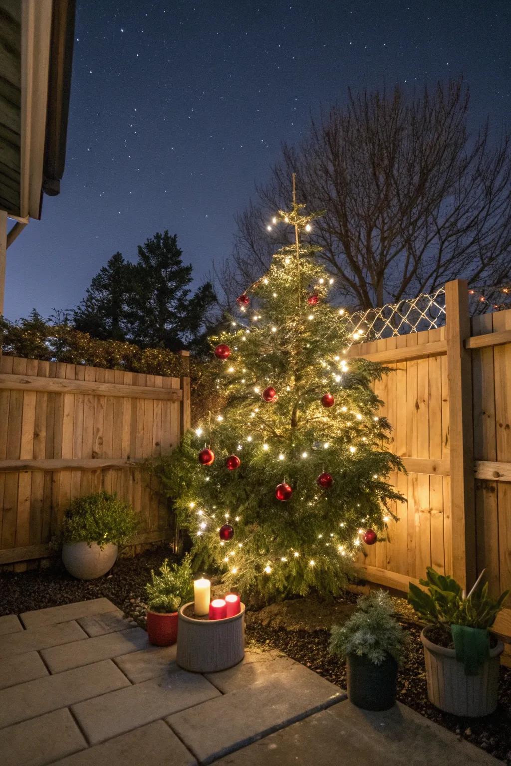Fashion an exterior centerpiece through a celebratory decorated tree.