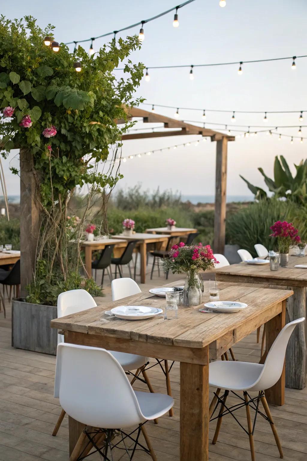 A fashionable fusion of down-to-earth and modern elements in outdoor dining.