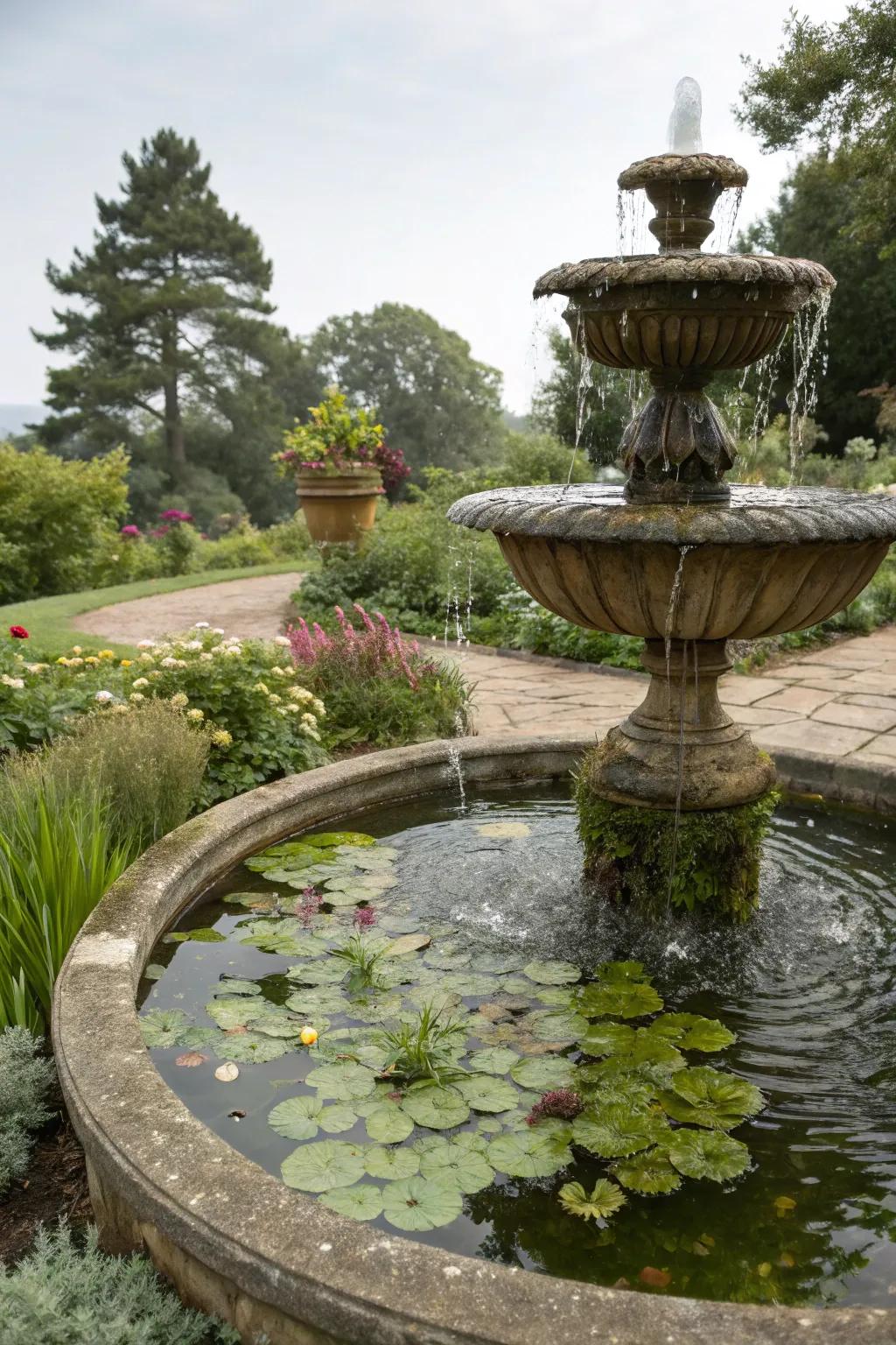 A fountain beautifully integrated with garden plants.