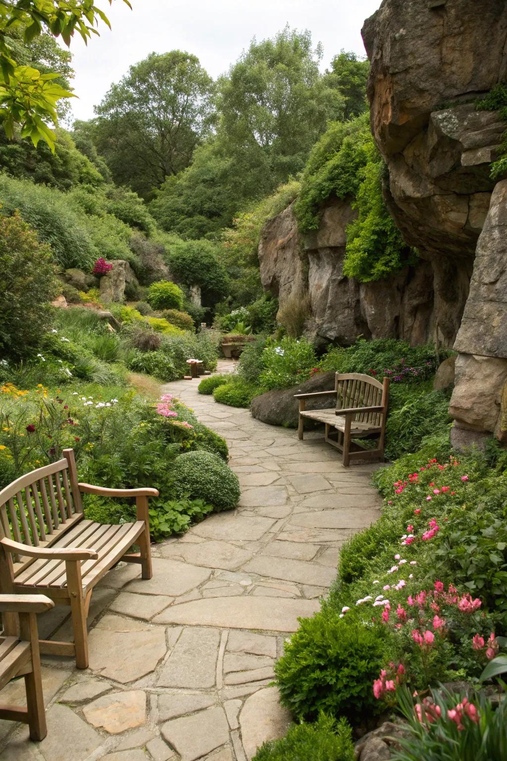 Natural components such as wood and stone enrich garden texture.