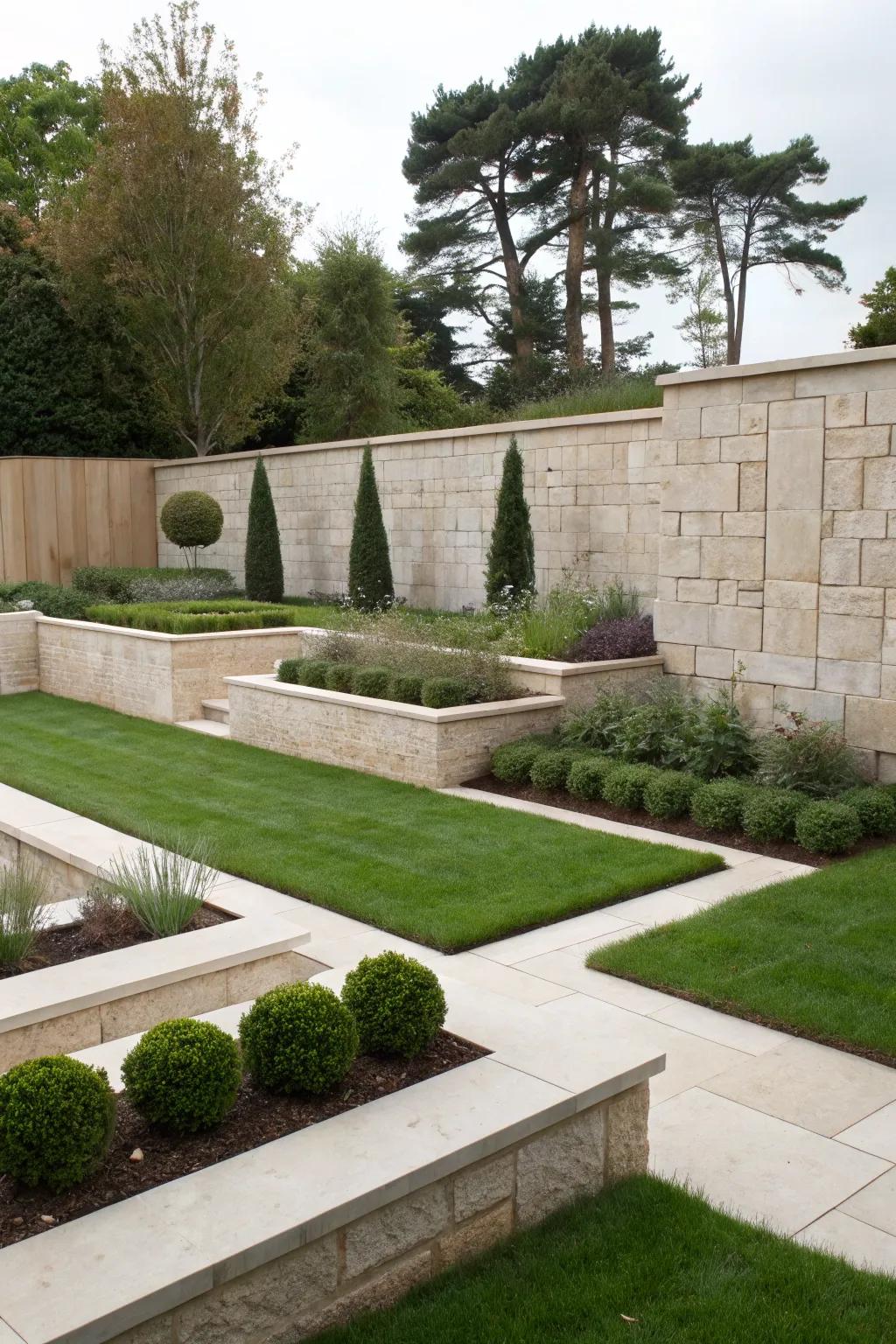 Geometric stone walls provide a clean, modern aesthetic.
