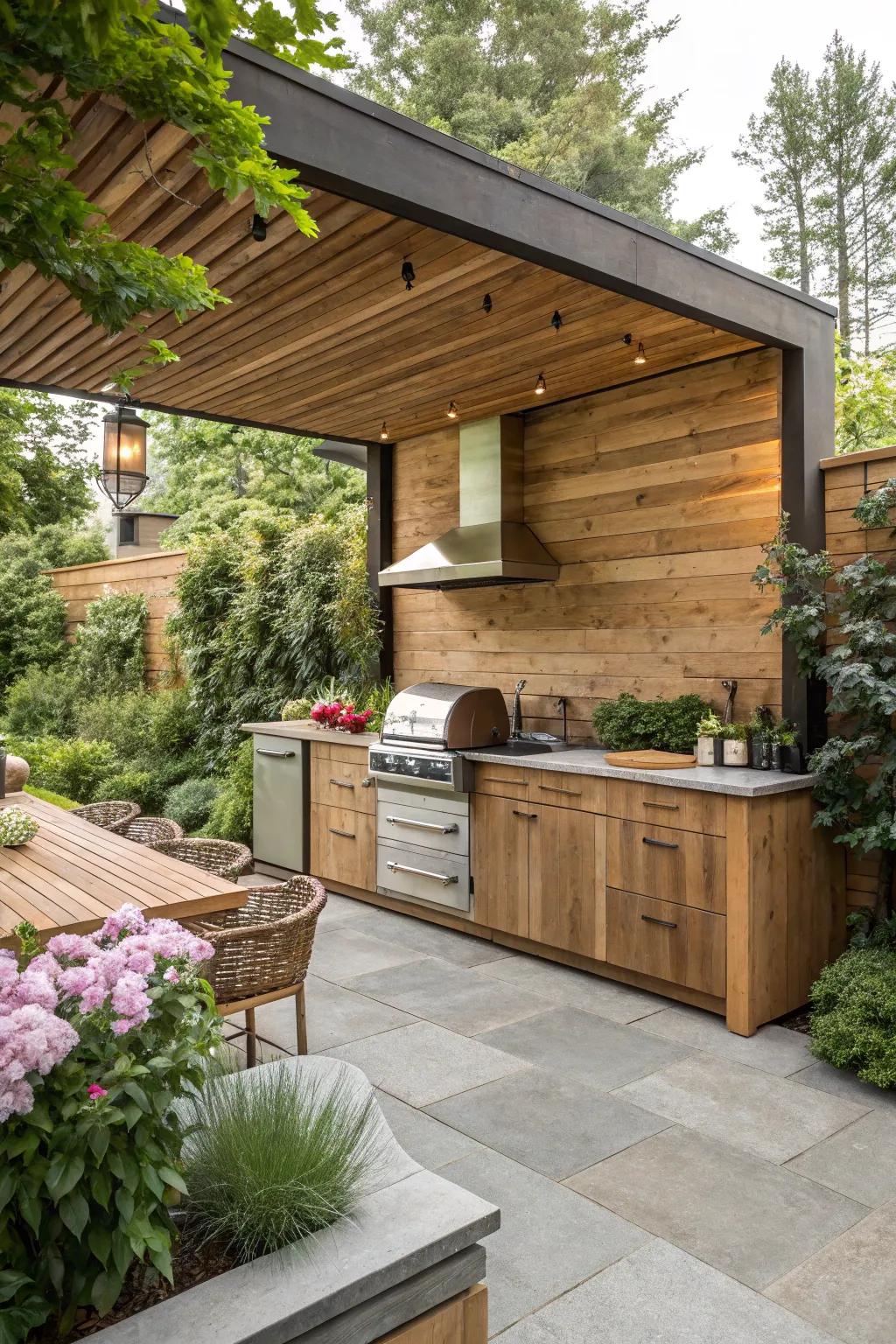 Wood panel backsplashes deliver a sense of natural warmth and harmony to outdoor cooking spaces.