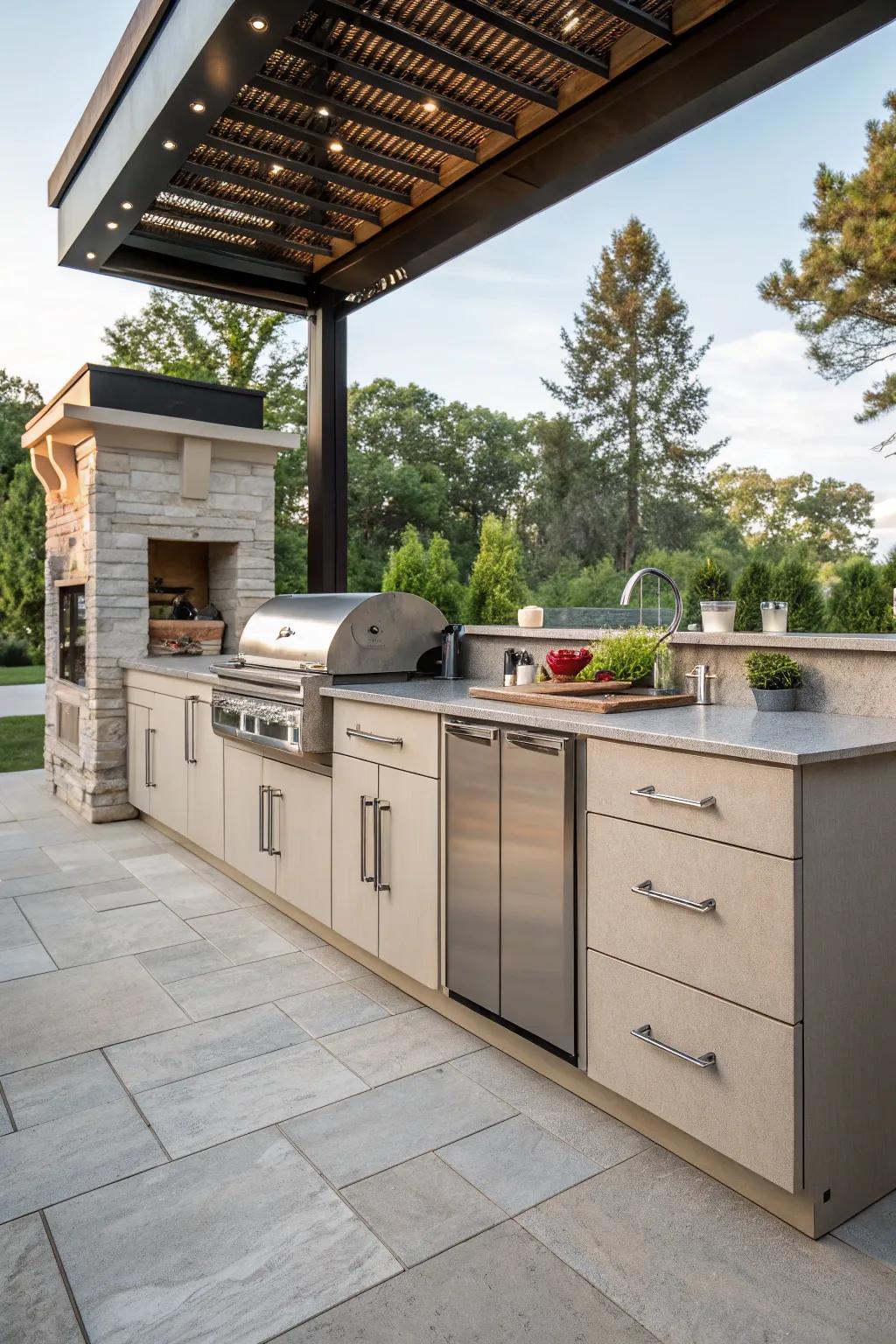 An outdoor cooking island boasting ample storage with sleek cabinets and drawers.