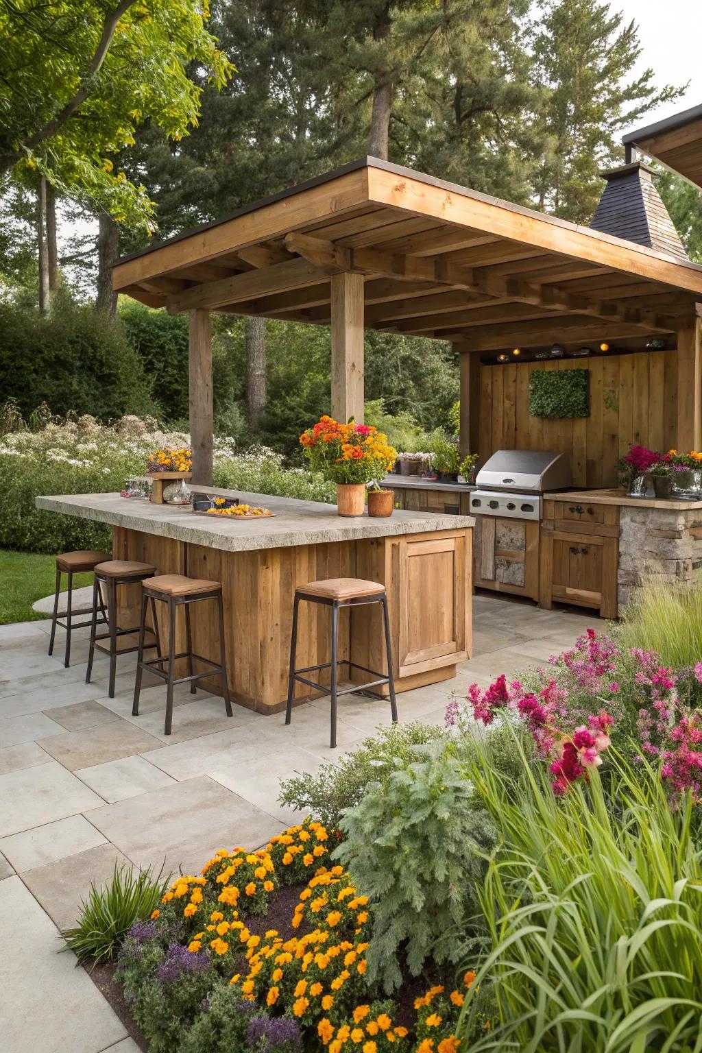 A flexible outdoor kitchen with adjustable counter seating.