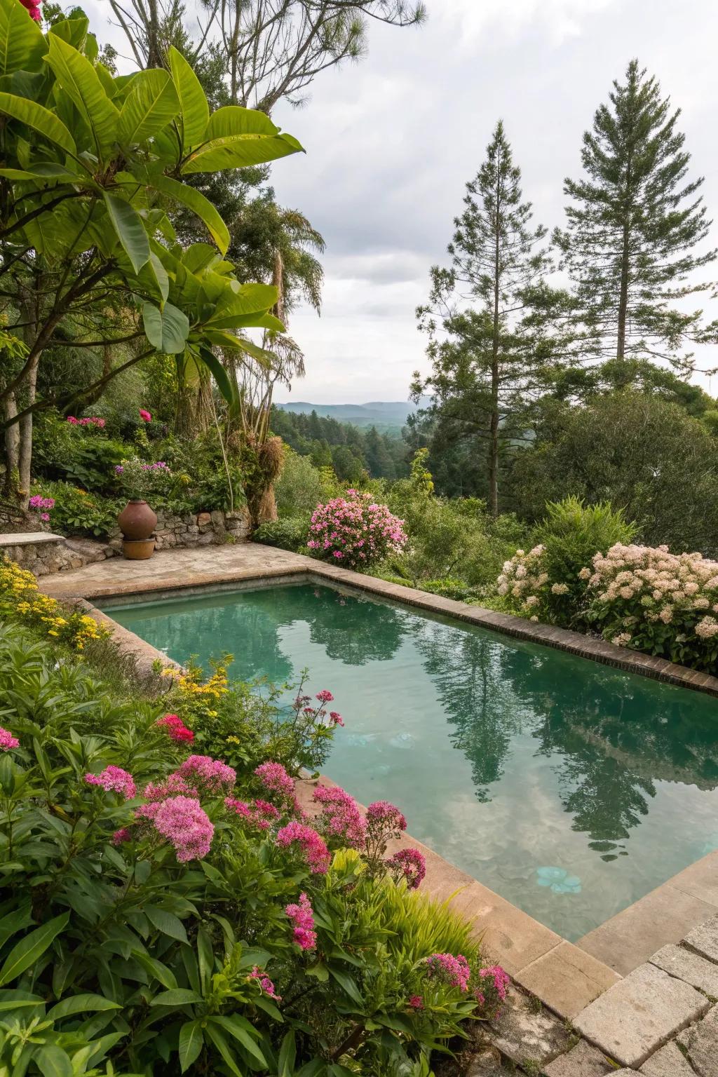 Abundant greenery enhances the natural charm of your poolside.