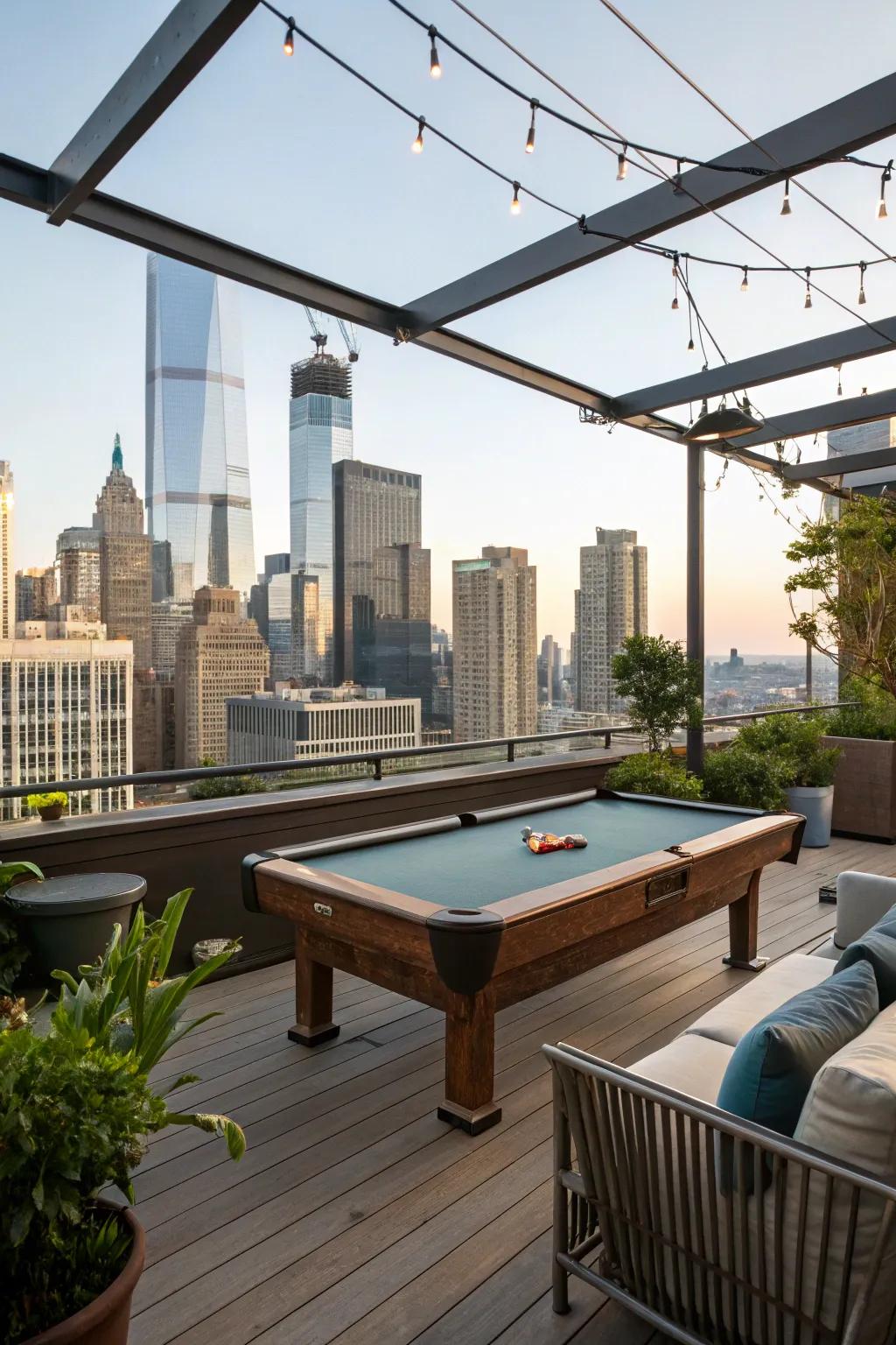 A rooftop deck featuring a pool table with amazing city views.