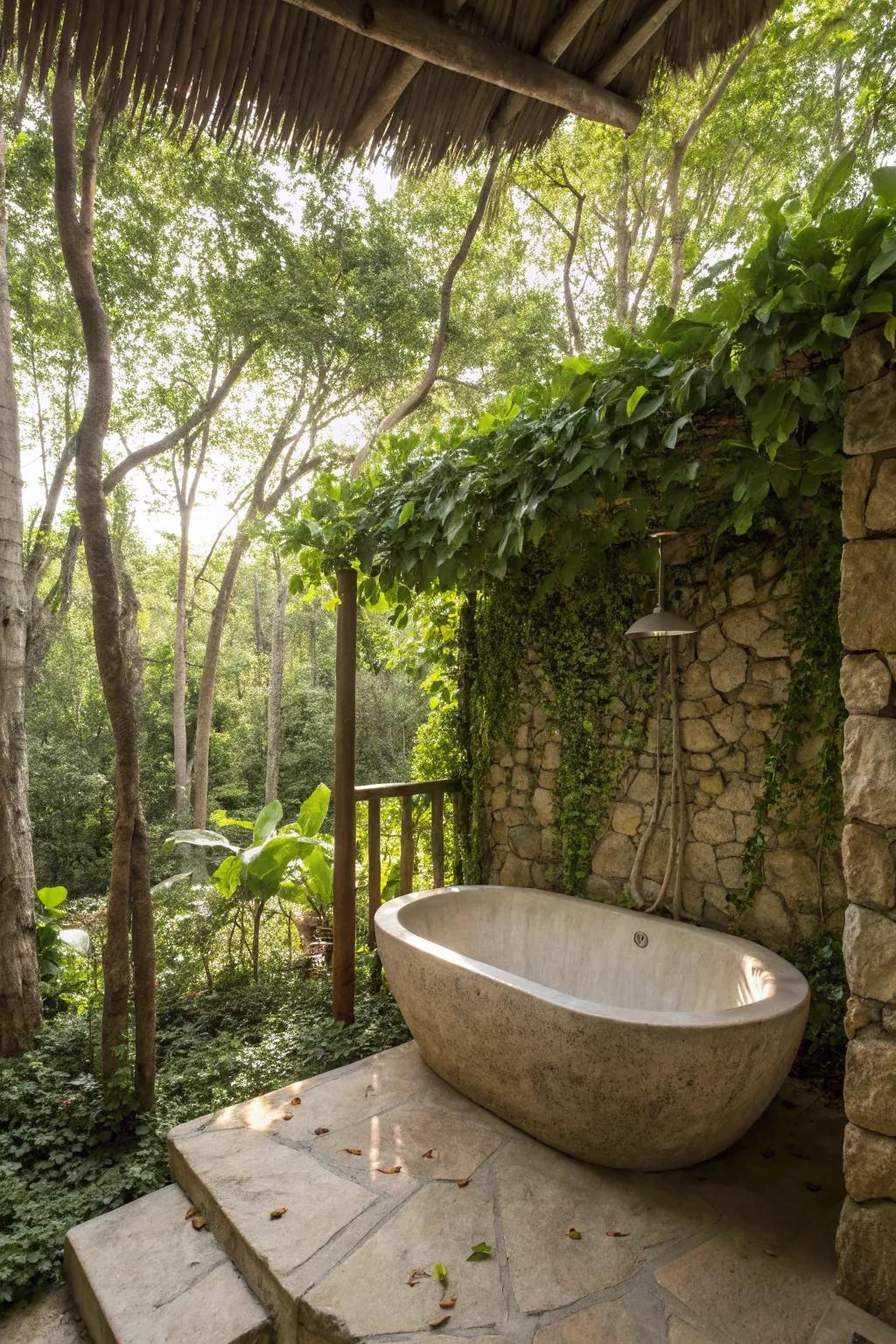An extraordinary tub can serve as the centerpiece of your outdoor restroom.