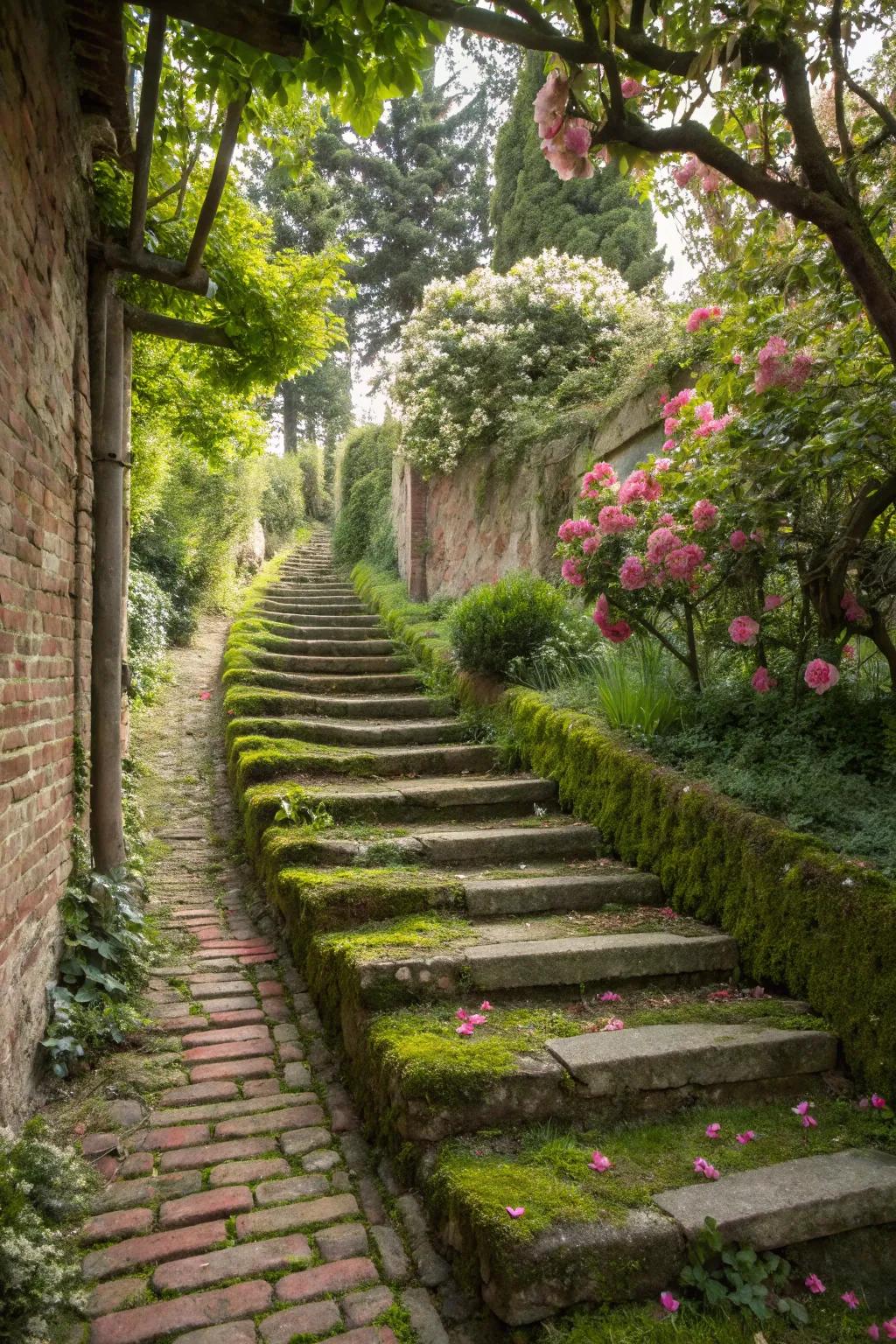 Brick steps offer a vintage allure, crafting a nostalgic garden route.