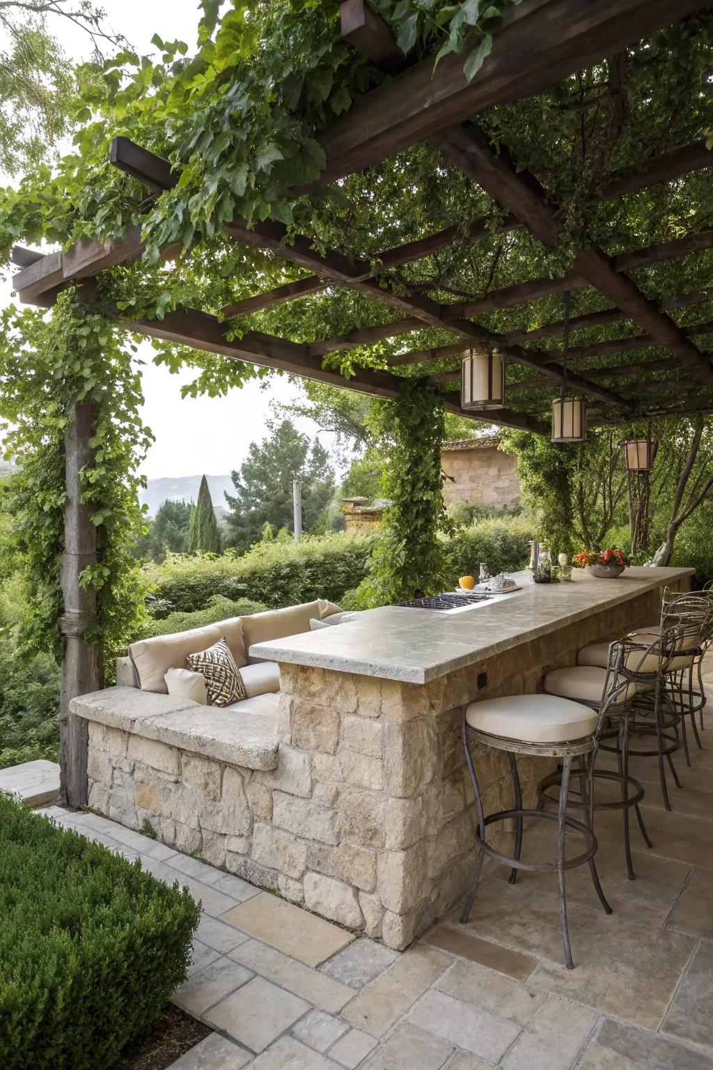 A stylish stone bar under a beautiful pergola.