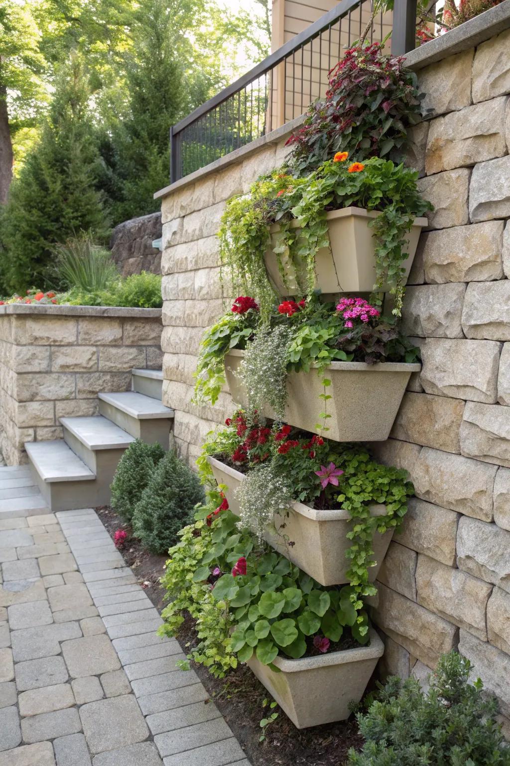 Achieve a lush look with graded planter setups.