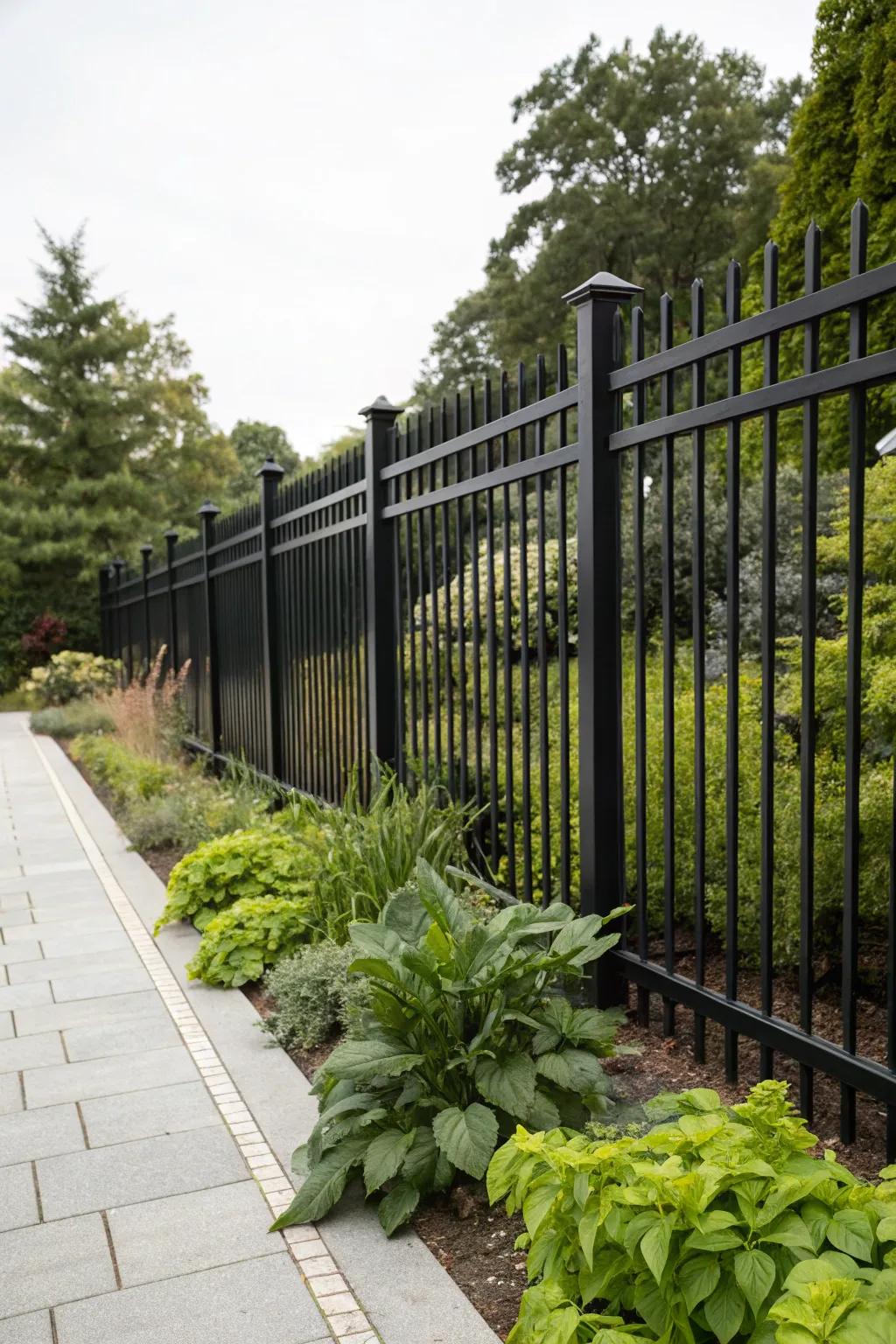 Black fences offer a sophisticated contrast to lush greenery.