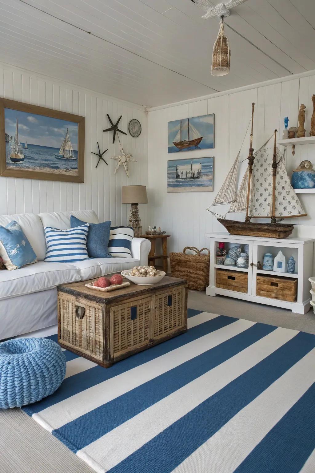 A living room changed with coastal stripe painted floorings, capturing the essence of a beach home.