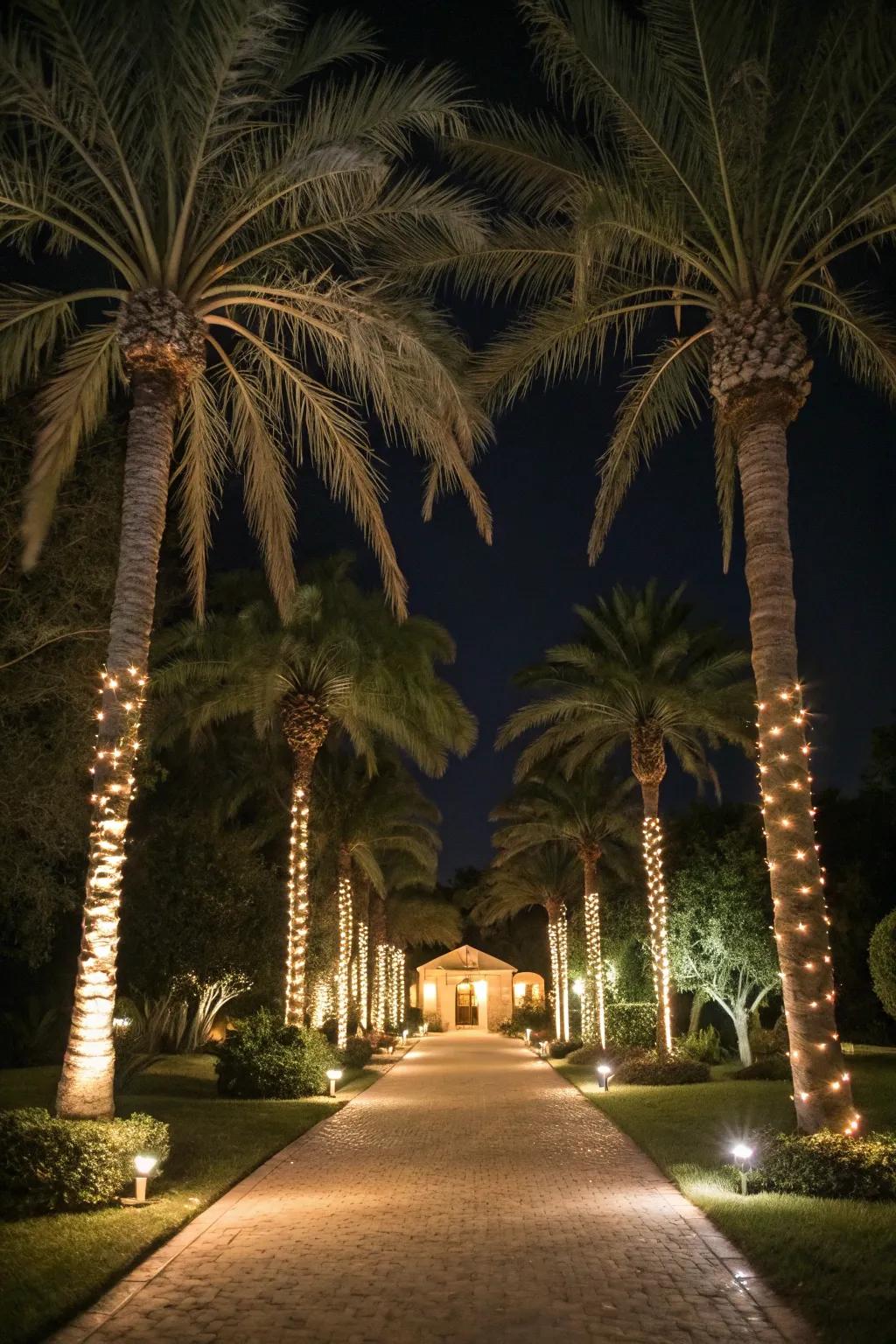 Guide your guests with pathway lighting along palm trees.
