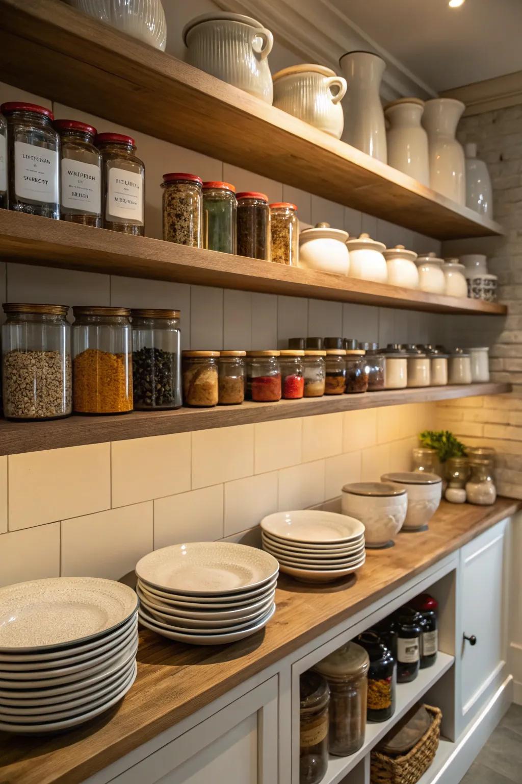 A pantry with open shelves displaying jars and ceramic dishes.