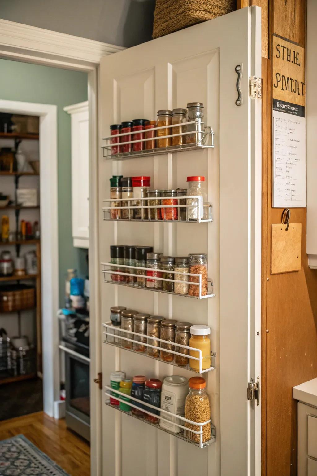 Hanging racks on a pantry door take advantage of vertical space for additional storage.
