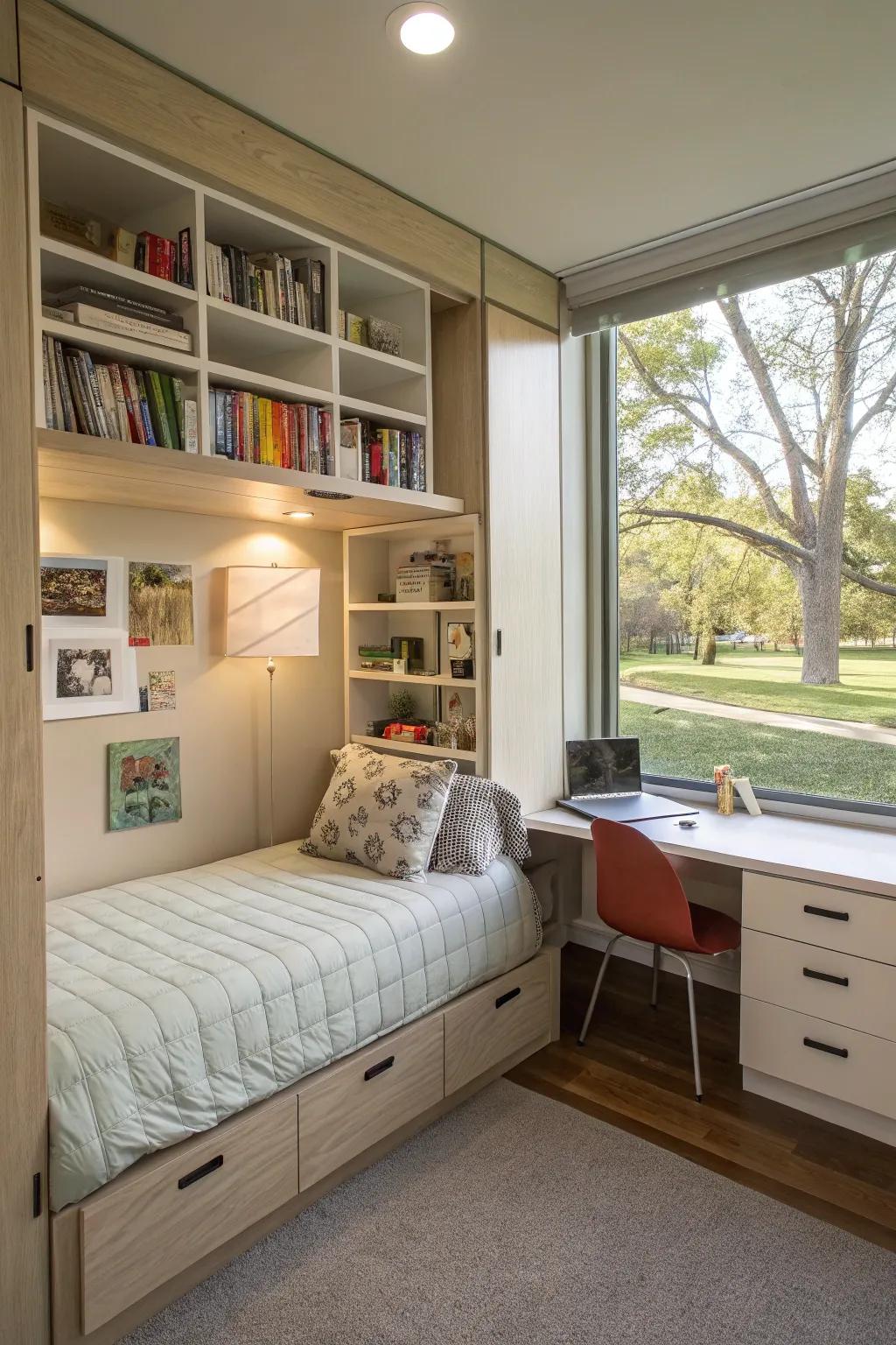 Clever storage solutions help keep an organized and clutter-free environment.