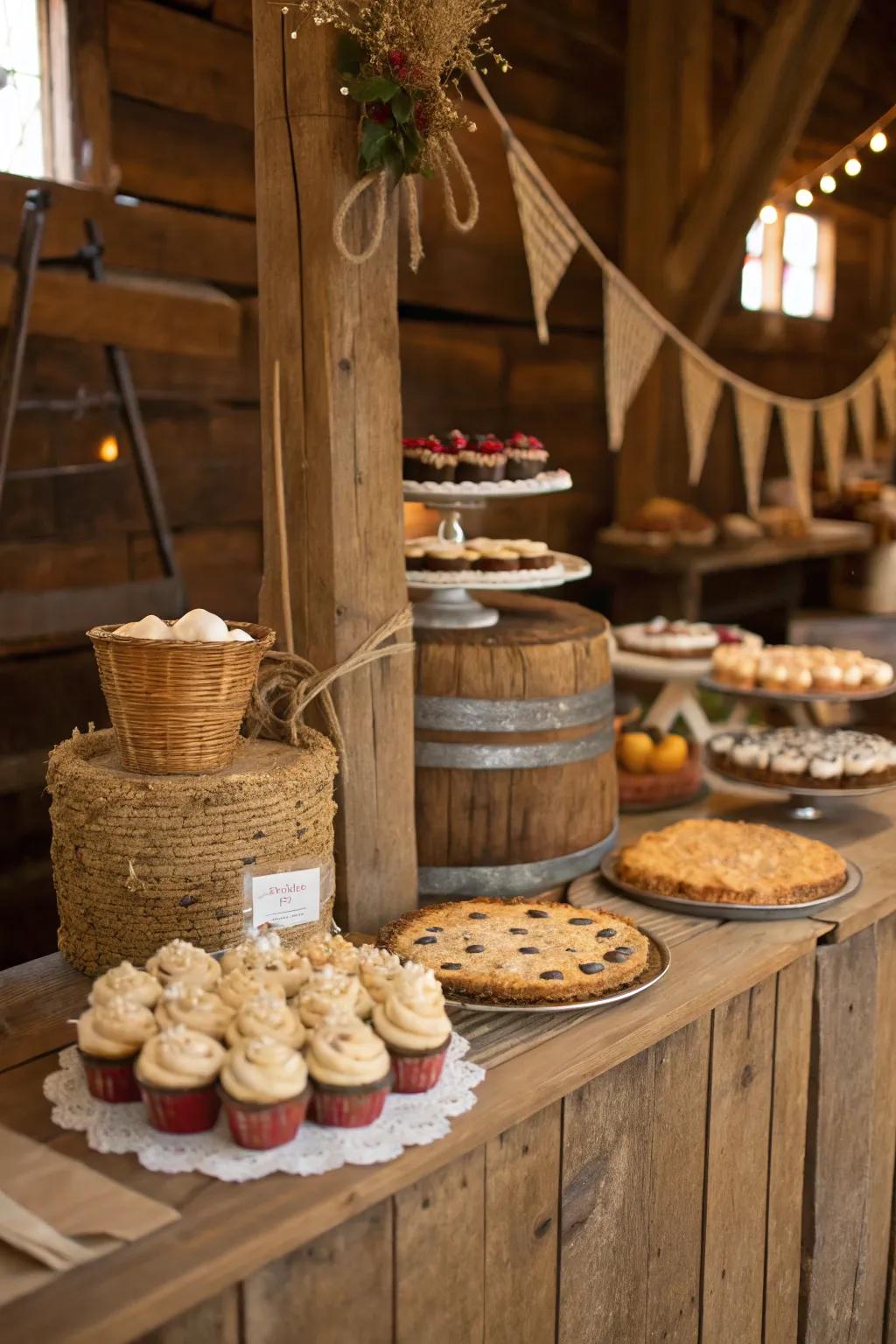 Unrefined timber accents contributing charm and warmth to the dessert table.