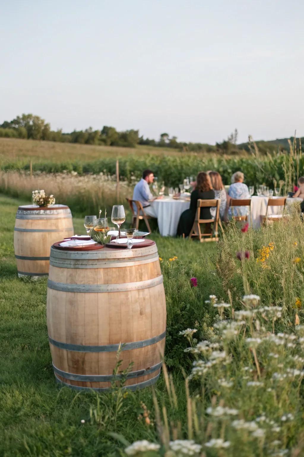Grape barrels performing as tables within the meadow.