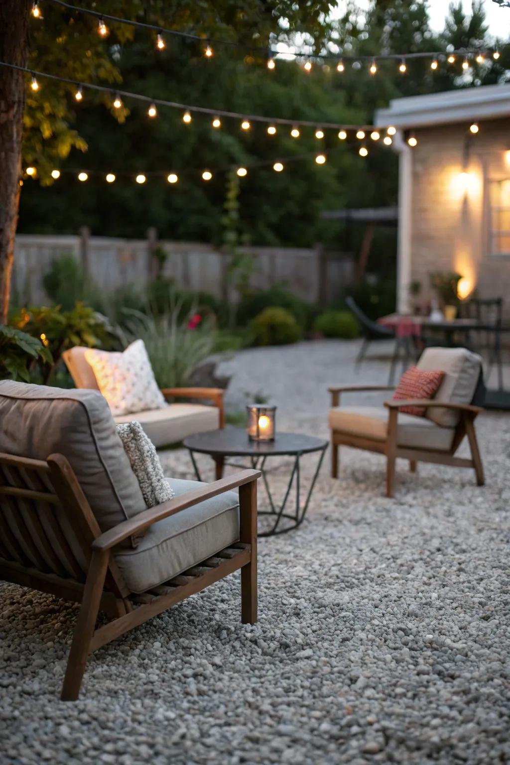 Opt for gravel for a low-upkeep and restful patio.