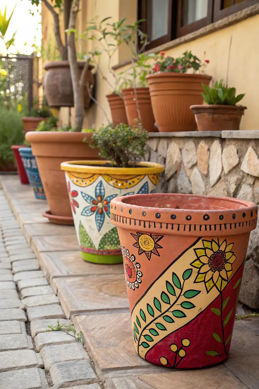 Brightly painted terra cotta pots adding charm to a patio.