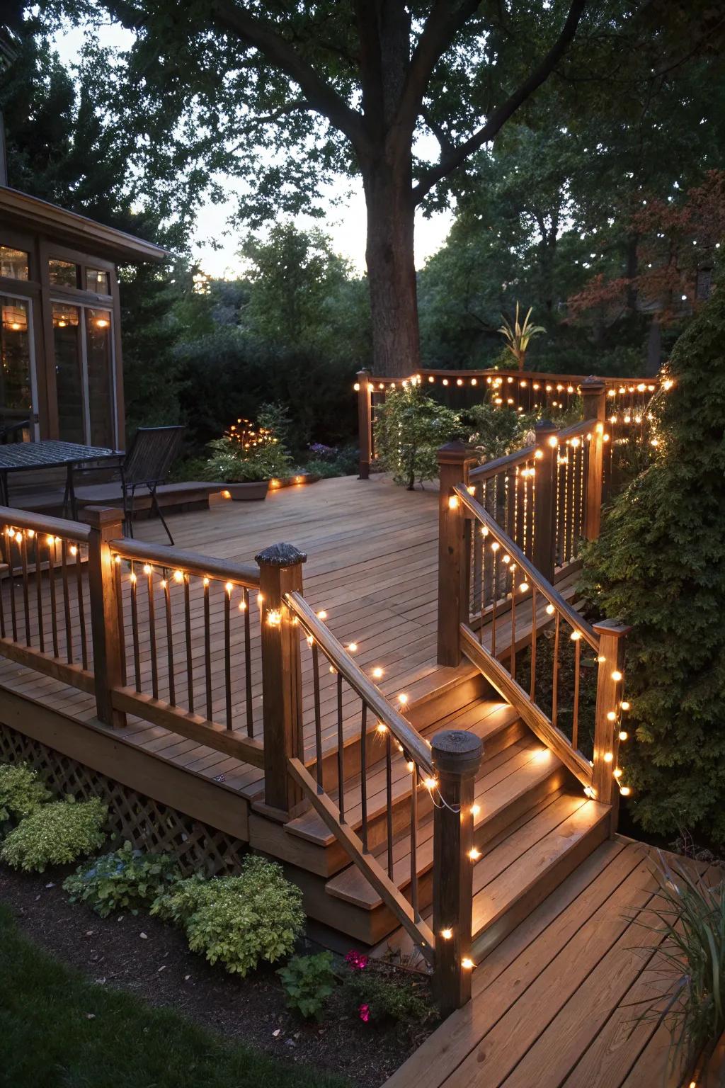 Accentuate deck railings with radiant lights.