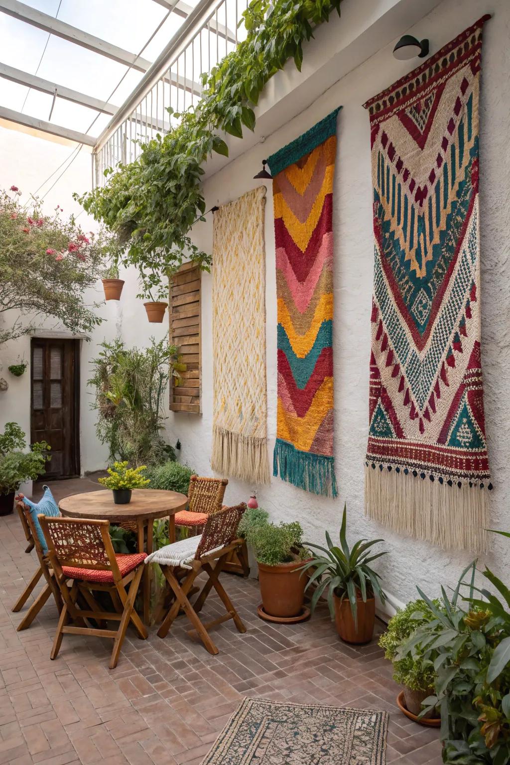Bohemian tapestries bring texture and color to the patio wall.