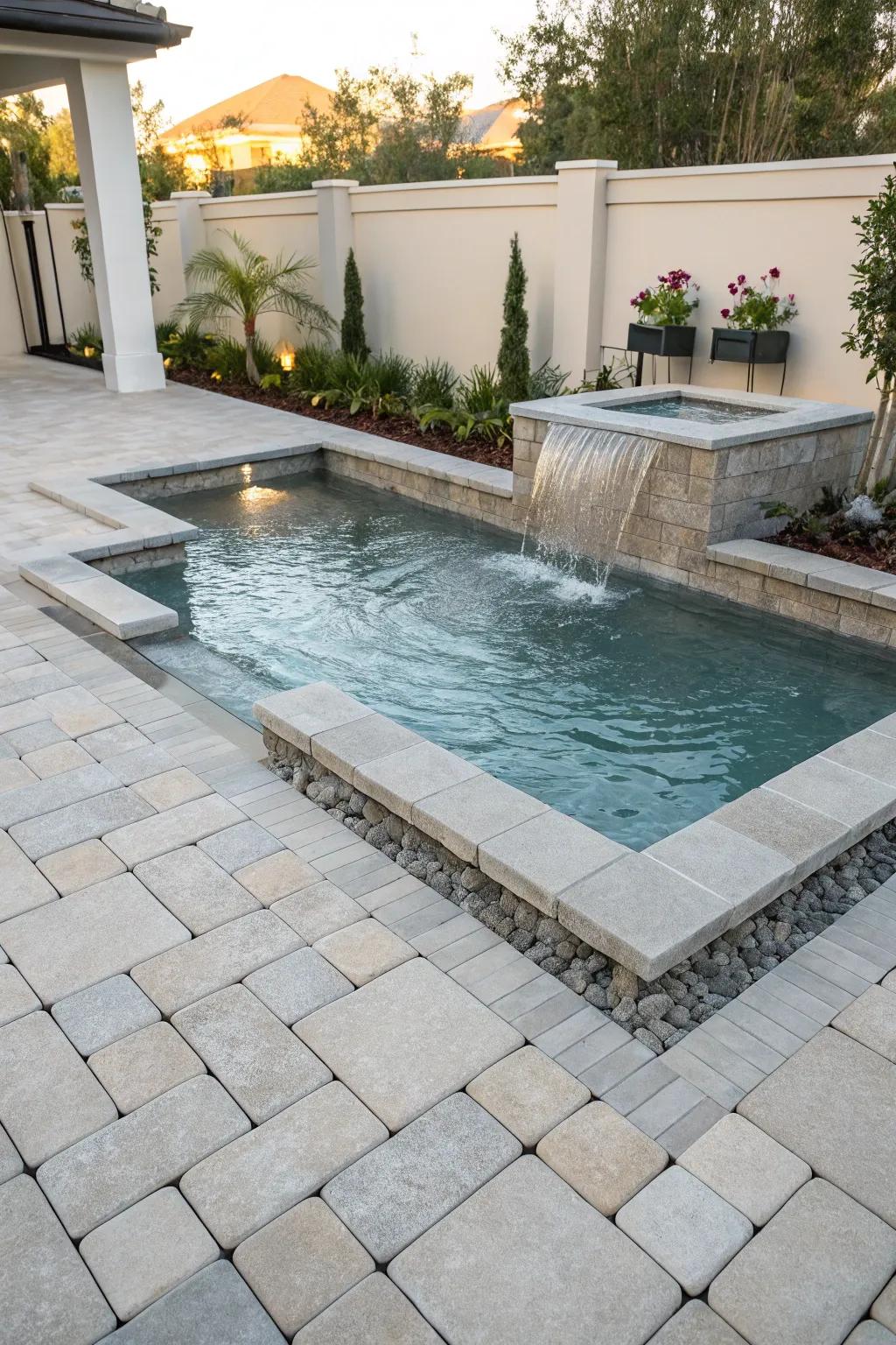 A water feature introduces a calming and luxurious element to the pool area.
