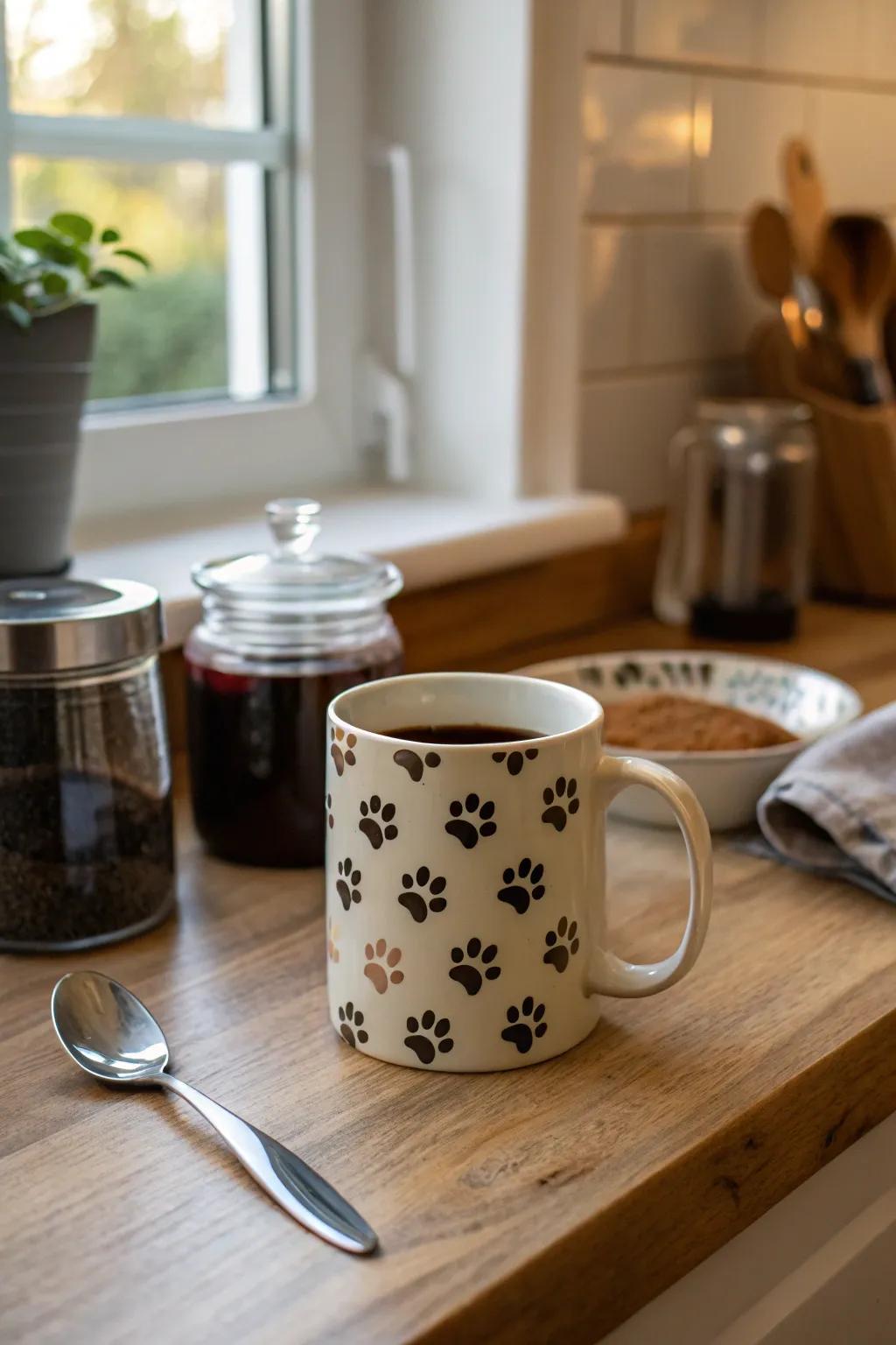 Pet paw print drinkware makes mornings feel special.