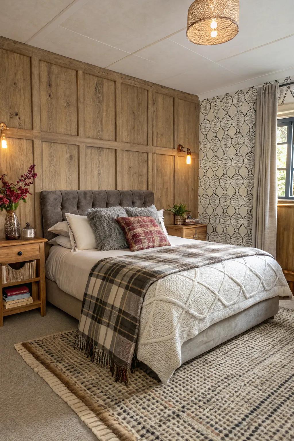 Textured decor elements in a bedroom bringing depth and warmth to the area.